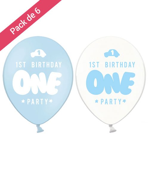 6 Ballons One Bleus et Transparents pour Anniversaire 1 an Fille