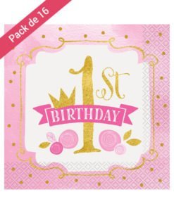Serviettes Papier Roses et Or pour Premier Anniversaire