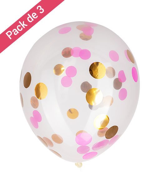 3 Ballons Confettis Couleur Rose et Or - Olili